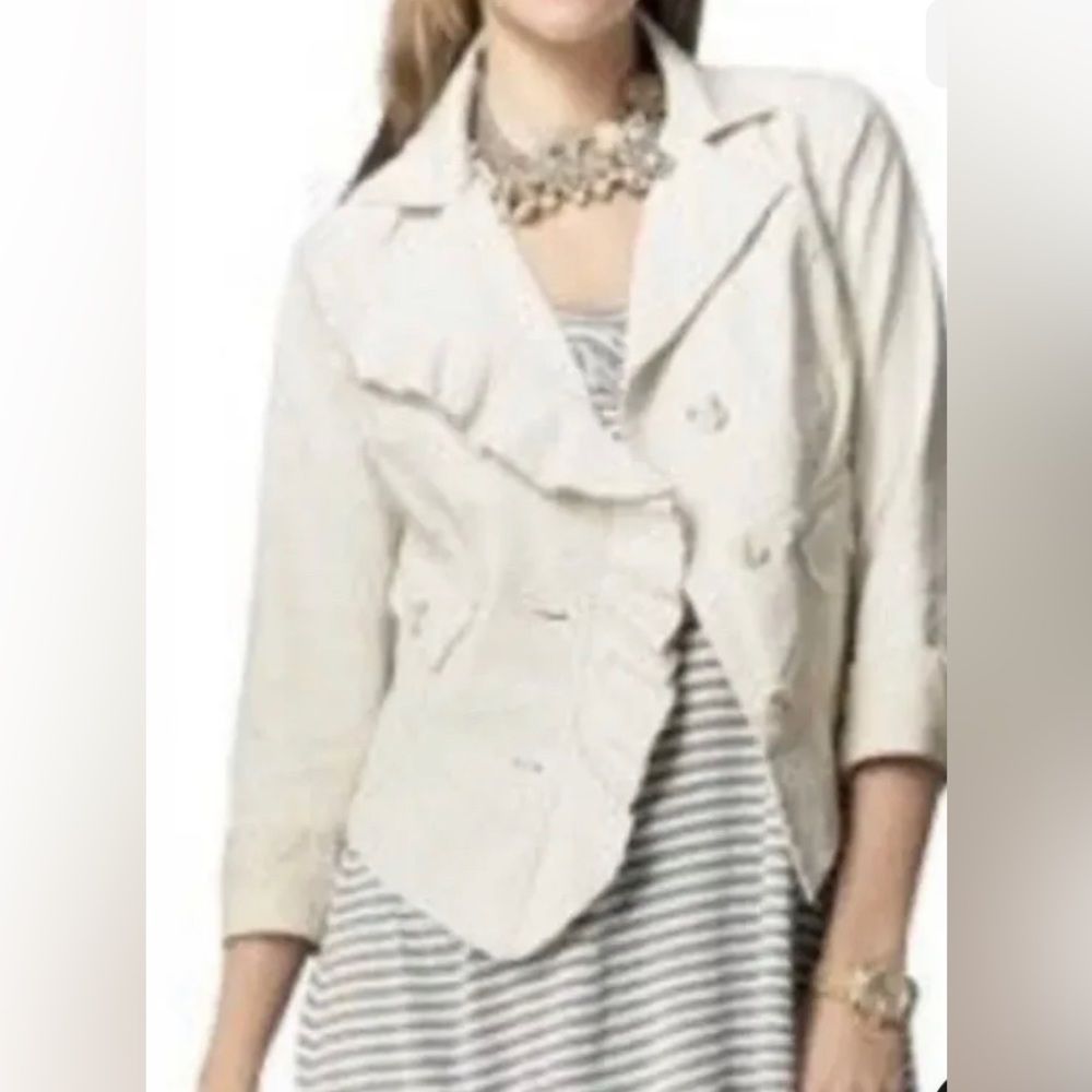 CABI women’s L #325 Ruffle Up Ivory Waxed Linen Asymmetrical Jacket Coat Blazer
